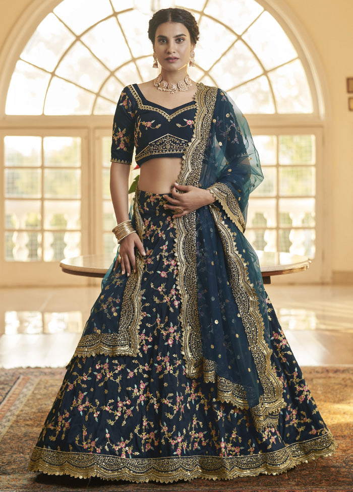 Blue Semi Stitched Silk Lehenga Choli Set - Indian Silk House Agencies