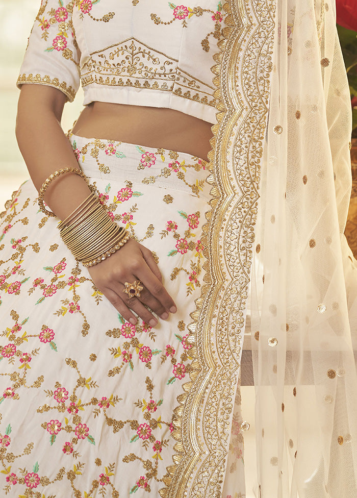 White Semi Stitched Silk Lehenga Choli Set - Indian Silk House Agencies