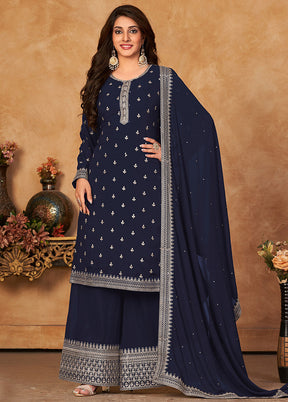 3 Pc Blue Semi Stitched Georgette Suit Set With Dupatta VDKSH12803233 - Indian Silk House Agencies