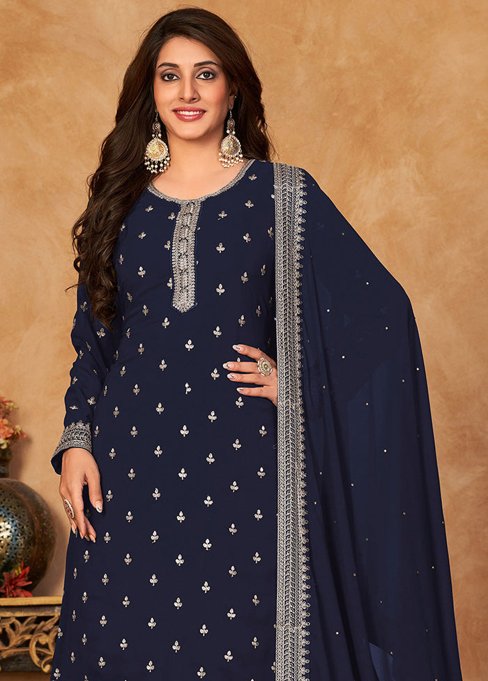 3 Pc Blue Semi Stitched Georgette Suit Set With Dupatta VDKSH12803233 - Indian Silk House Agencies