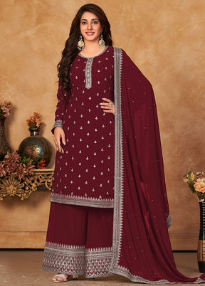 3 Pc Maroon Semi Stitched Georgette Suit Set With Dupatta VDKSH12803234 - Indian Silk House Agencies