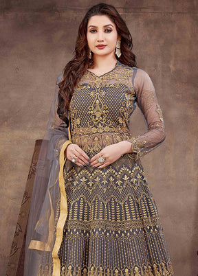 3 Pc Grey Semi Stitched Net Suit Set With Dupatta VDKSH12803235 - Indian Silk House Agencies