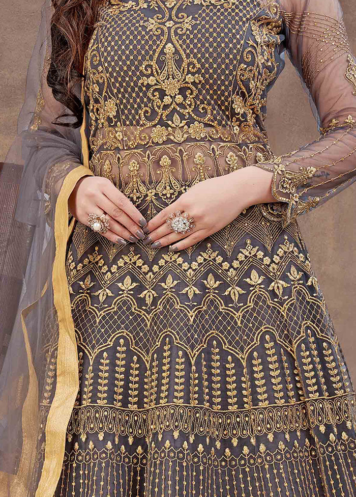 3 Pc Grey Semi Stitched Net Suit Set With Dupatta VDKSH12803235 - Indian Silk House Agencies