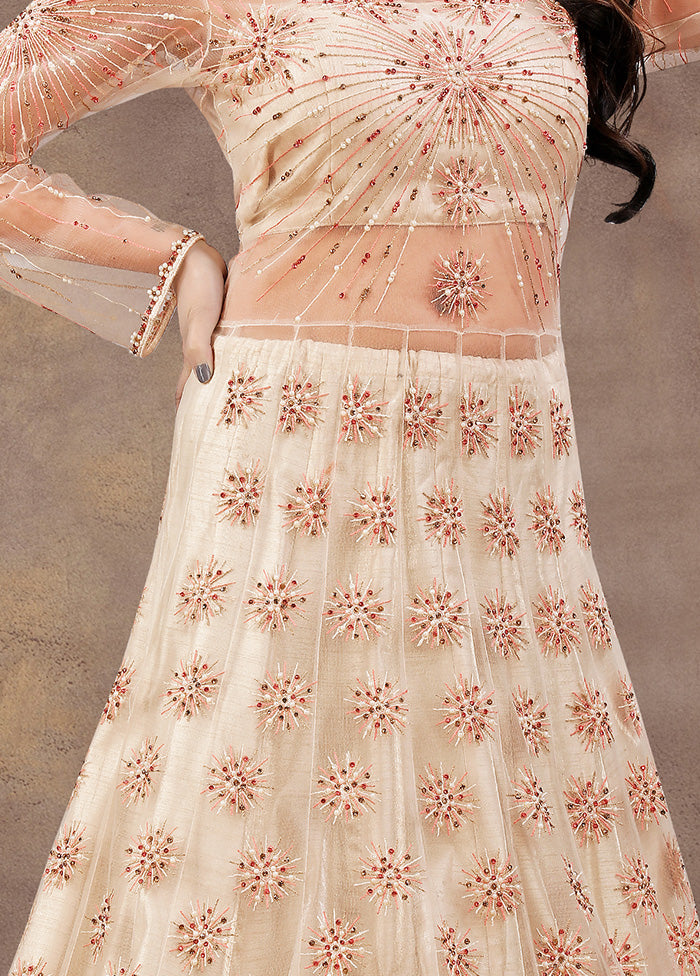 3 Pc Peach Semi Stitched Net Suit Set With Dupatta VDKSH12803236 - Indian Silk House Agencies