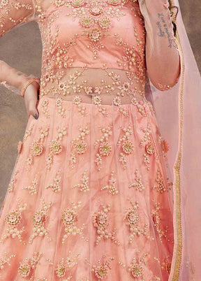 3 Pc Pink Semi Stitched Net Suit Set With Dupatta VDKSH12803241 - Indian Silk House Agencies