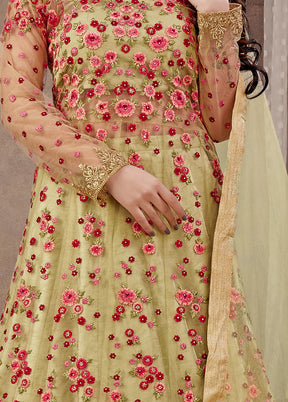 3 Pc Lemon Green Semi Stitched Net Suit Set With Dupatta VDKSH12803242 - Indian Silk House Agencies