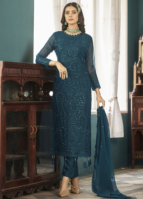 3 Pc Teal Blue Georgette Suit Set With Dupatta VDKSH12803243 - Indian Silk House Agencies