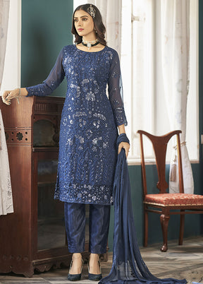 3 Pc Blue Semi Stitched Georgette Suit Set With Dupatta VDKSH12803244 - Indian Silk House Agencies