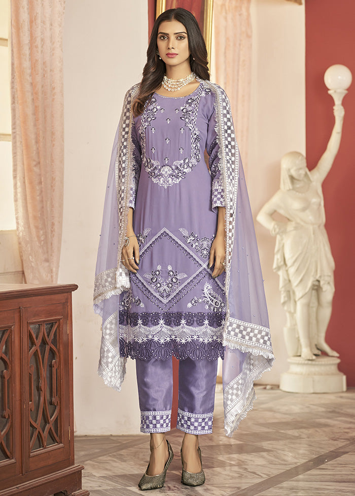 3 Pc Purple Semi Stitched Georgette Suit Set With Dupatta VDKSH12803245 - Indian Silk House Agencies