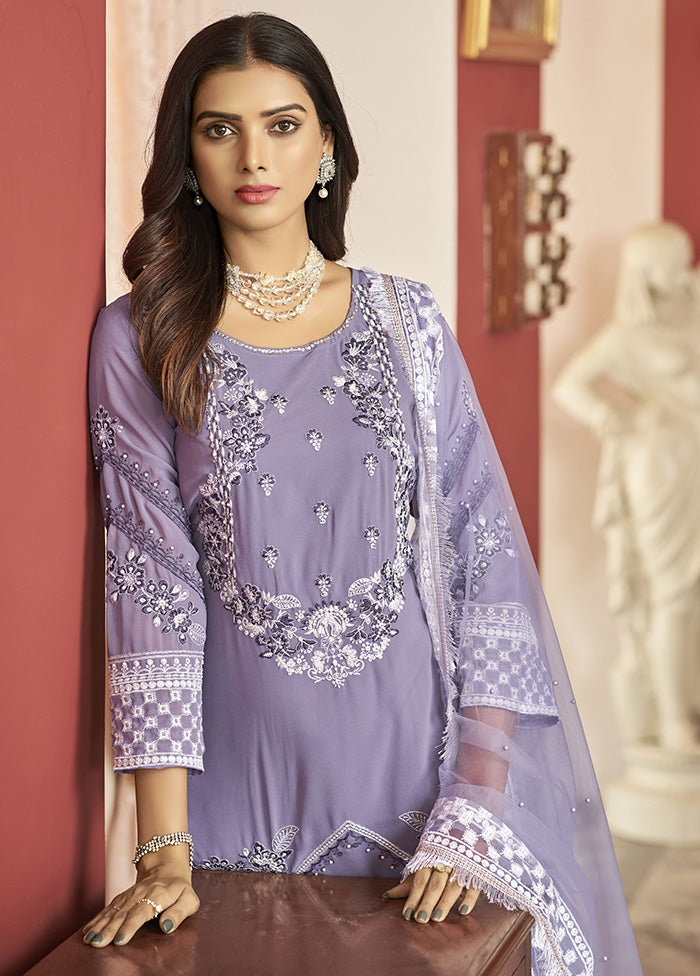 3 Pc Purple Semi Stitched Georgette Suit Set With Dupatta VDKSH12803245 - Indian Silk House Agencies
