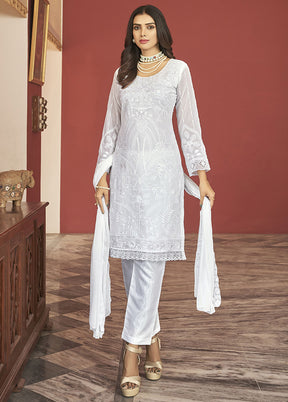 3 Pc White Semi Stitched Georgette Suit Set With Dupatta VDKSH12803246 - Indian Silk House Agencies