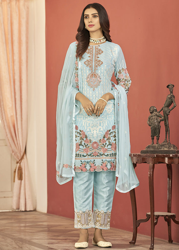 3 Pc Sky Blue Georgette Suit Set With Dupatta VDKSH12803248 - Indian Silk House Agencies