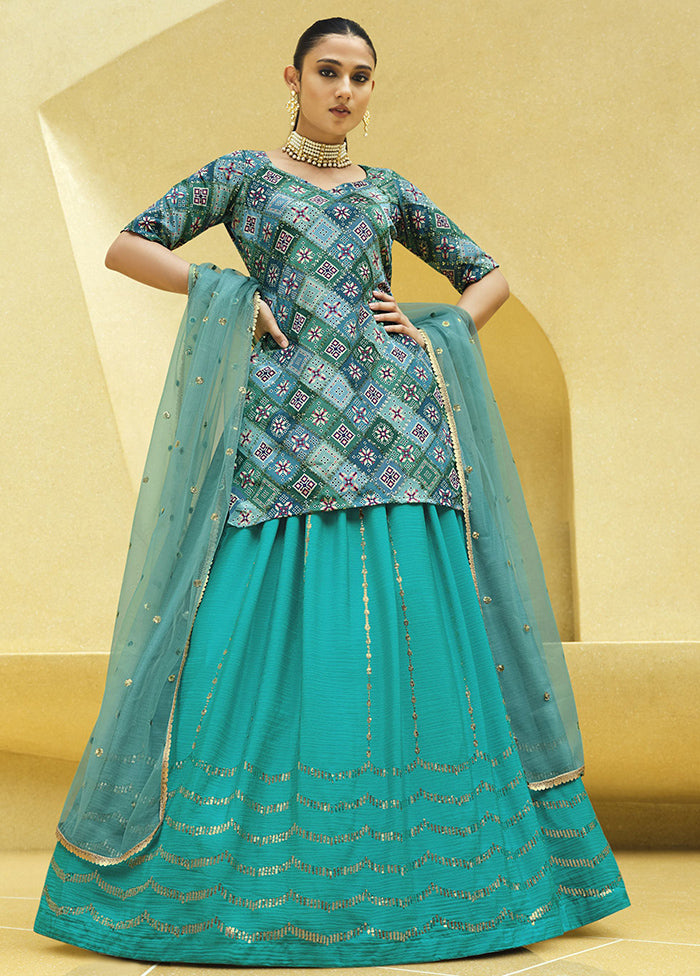 Light Blue Semi Stitched Blended Silk Lehenga Choli Set With Dupatta - Indian Silk House Agencies