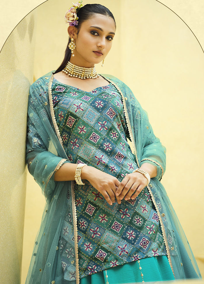 Light Blue Semi Stitched Blended Silk Lehenga Choli Set With Dupatta - Indian Silk House Agencies