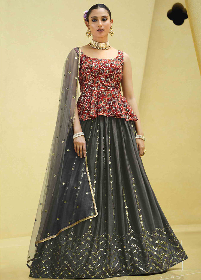 Grey Semi Stitched Blended Silk Lehenga Choli Set With Dupatta - Indian Silk House Agencies