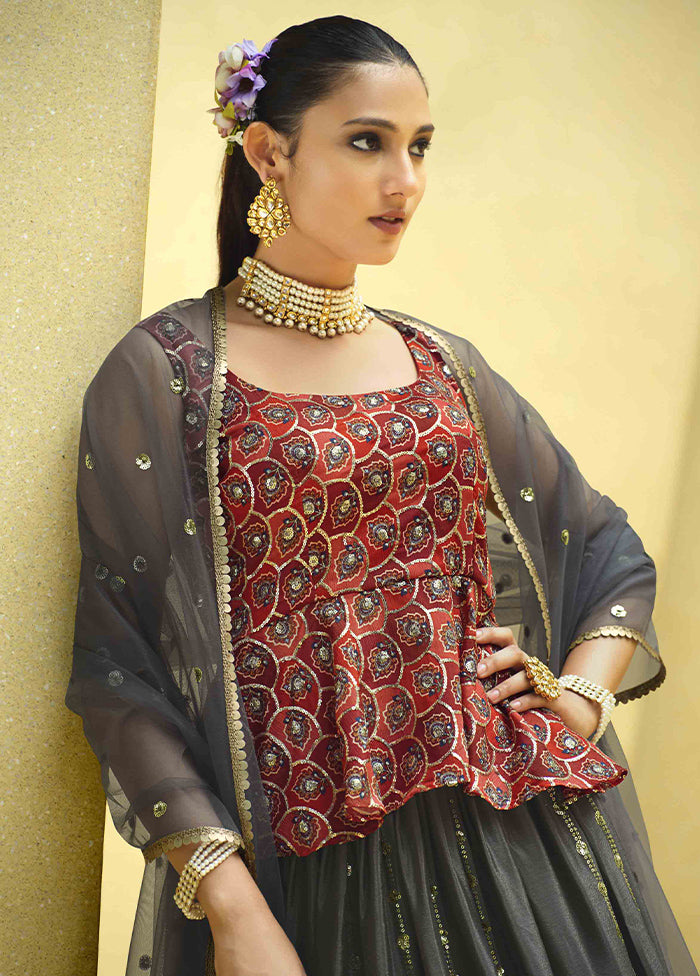 Grey Semi Stitched Blended Silk Lehenga Choli Set With Dupatta - Indian Silk House Agencies