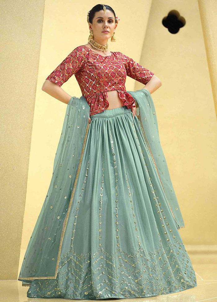 Sky Blue Semi Stitched Blended Silk Lehenga Choli Set With Dupatta - Indian Silk House Agencies