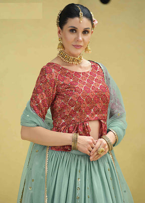 Sky Blue Semi Stitched Blended Silk Lehenga Choli Set With Dupatta - Indian Silk House Agencies