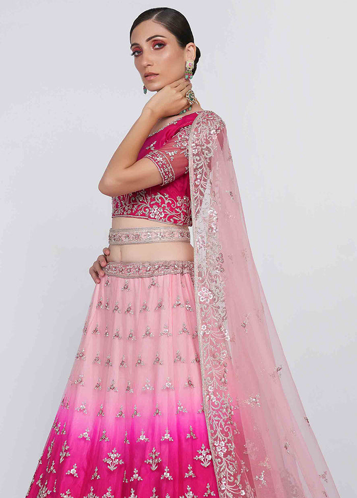 Pink Semi Stitched Net Lehenga Choli Set With Dupatta - Indian Silk House Agencies