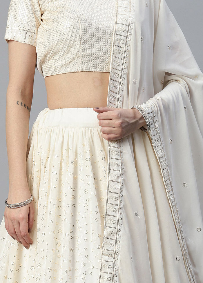 Off White Semi Stitched Georgette Lehenga Choli Set With Dupatta - Indian Silk House Agencies