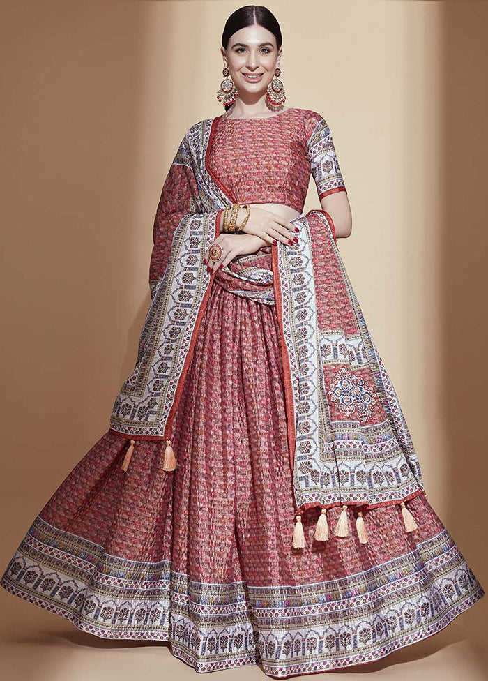 Peach Semi Stitched Blended Silk Lehenga Choli Set With Dupatta - Indian Silk House Agencies