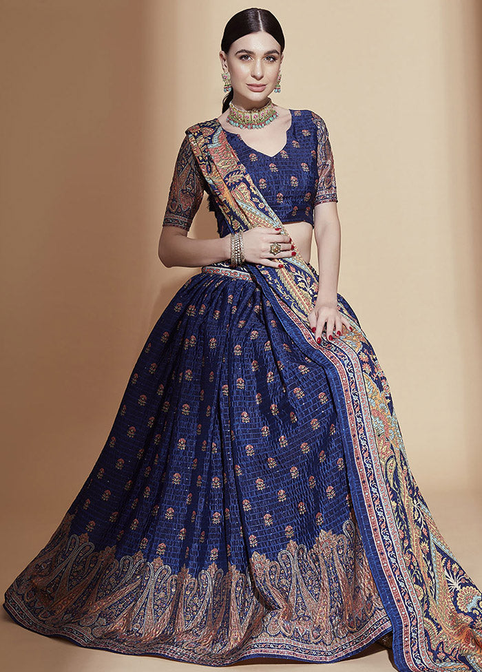 Blue Semi Stitched Blended Silk Lehenga Choli Set With Dupatta - Indian Silk House Agencies