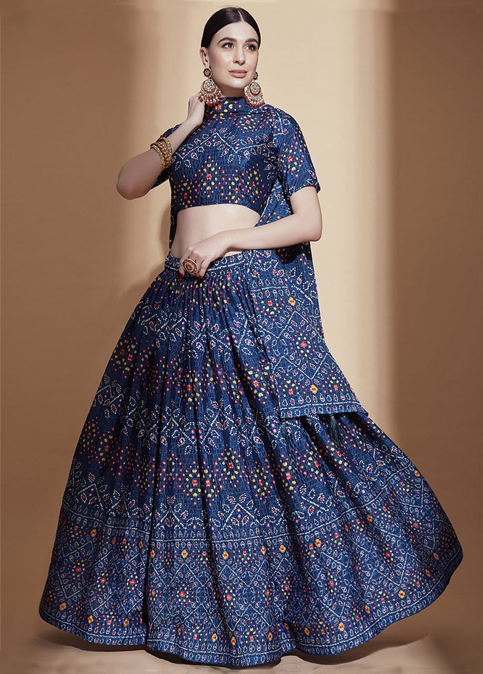Blue Semi Stitched Blended Silk Lehenga Choli Set With Dupatta - Indian Silk House Agencies
