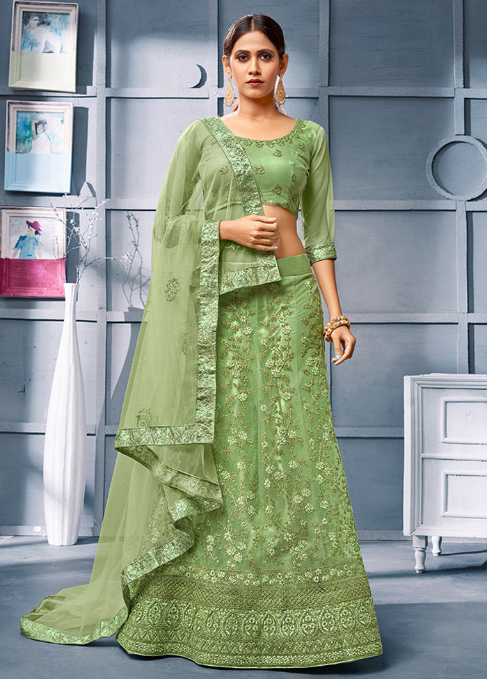 Light Green Semi Stitched Net Lehenga Choli Set With Dupatta - Indian Silk House Agencies