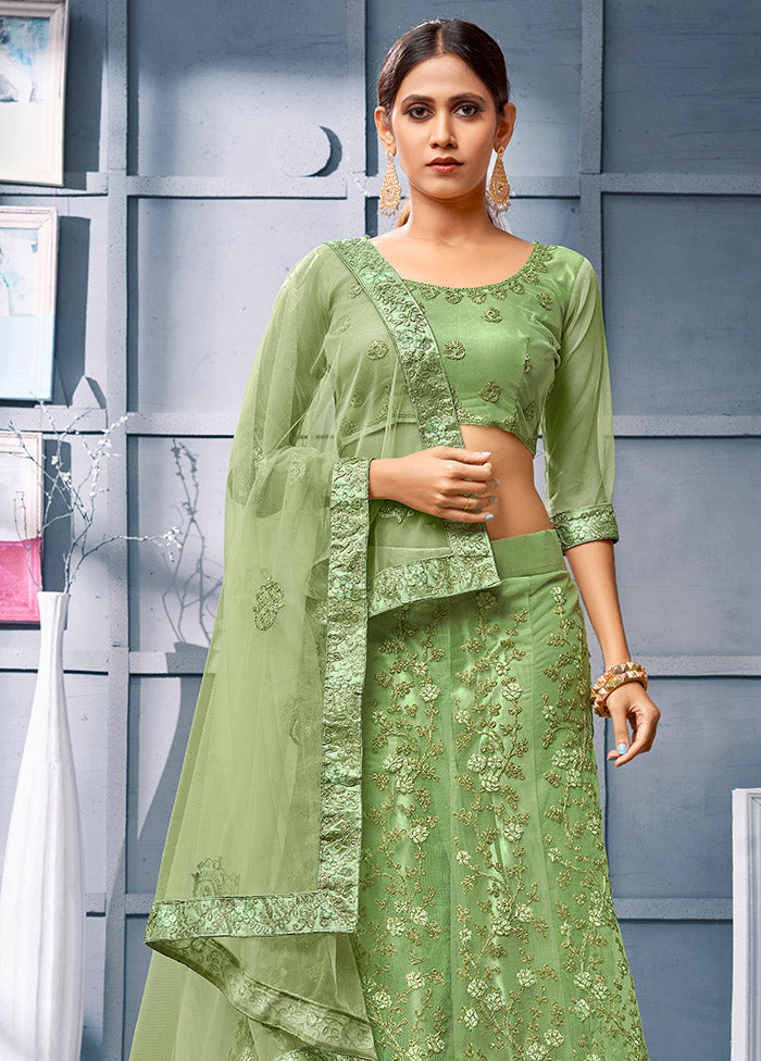 Light Green Semi Stitched Net Lehenga Choli Set With Dupatta - Indian Silk House Agencies