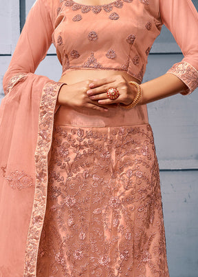 Rust Semi Stitched Net Lehenga Choli Set With Dupatta - Indian Silk House Agencies