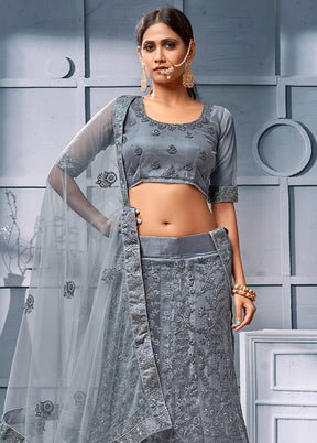Grey Semi Stitched Net Lehenga Choli Set With Dupatta - Indian Silk House Agencies