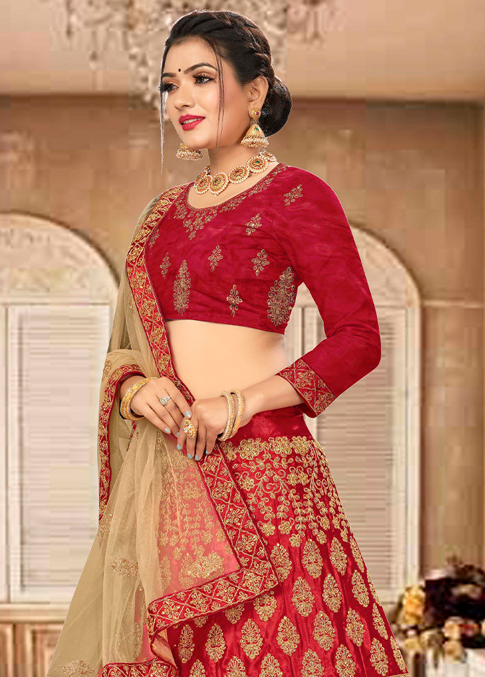 Maroon Semi Stitched Blended Silk Lehenga Choli Set With Dupatta - Indian Silk House Agencies