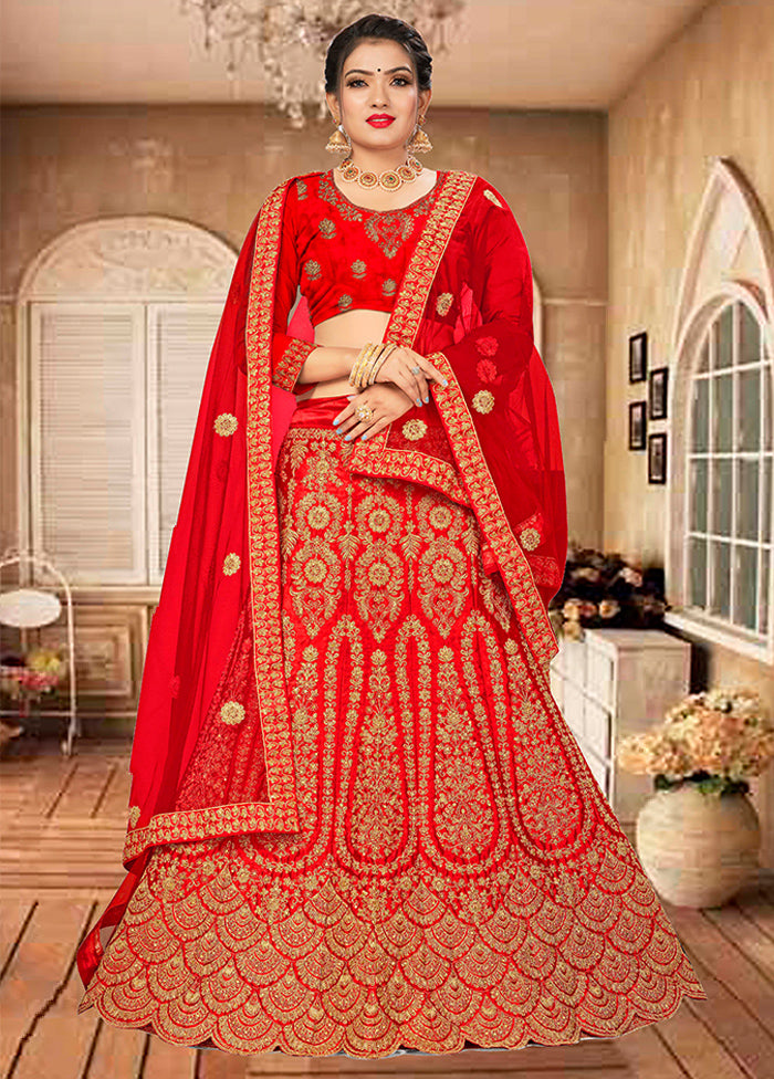 Red Semi Stitched Blended Silk Lehenga Choli Set With Dupatta - Indian Silk House Agencies