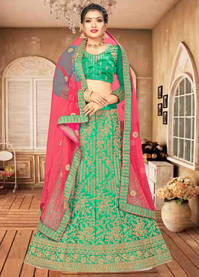 Green Semi Stitched Blended Silk Lehenga Choli Set With Dupatta - Indian Silk House Agencies