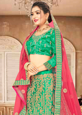 Green Semi Stitched Blended Silk Lehenga Choli Set With Dupatta - Indian Silk House Agencies