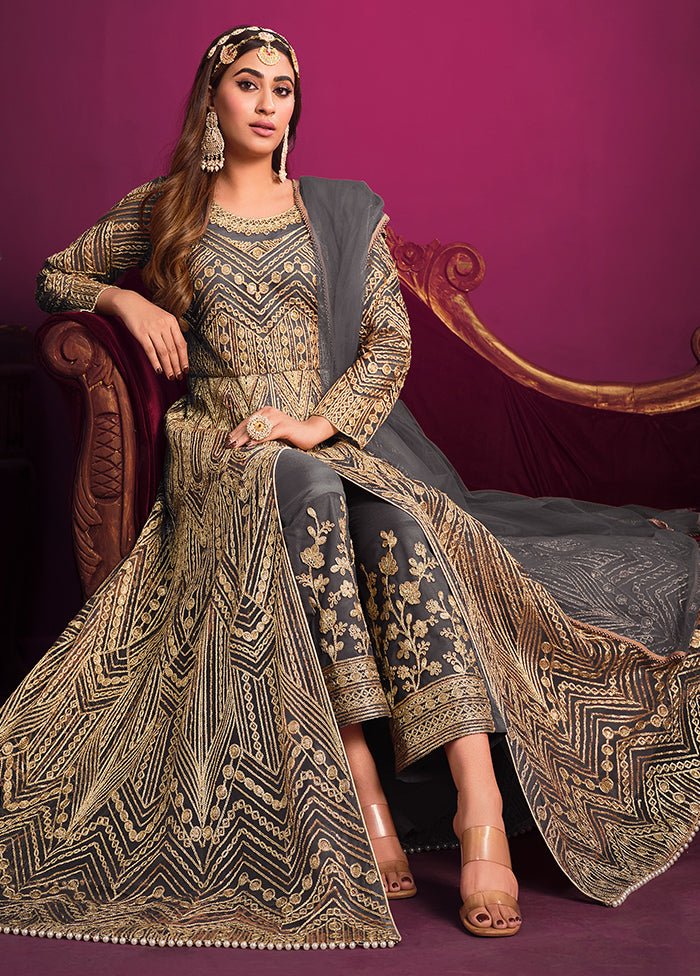 3 Pc Grey Net Suit Set With Dupatta VDKSH1104238 - Indian Silk House Agencies