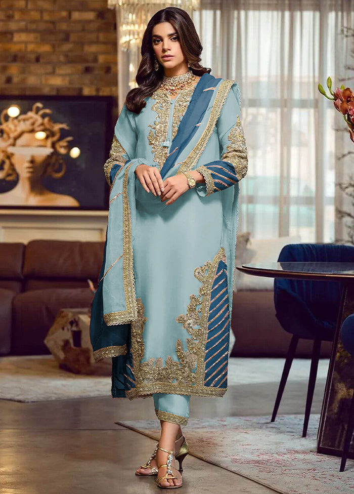3 Pc Blue Semi Stitched Georgette Suit Set VDKSH13042051 - Indian Silk House Agencies