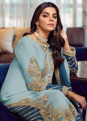 3 Pc Blue Semi Stitched Georgette Suit Set VDKSH13042051 - Indian Silk House Agencies