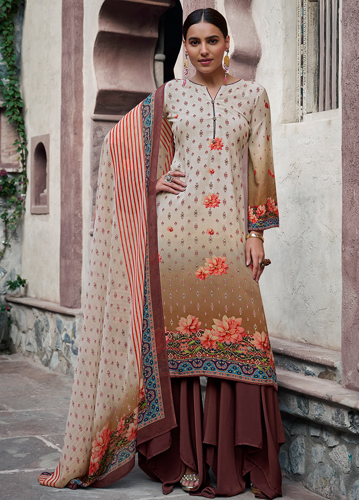 3 Pc Cream Unstitched Digital Print Silk Suit Set VDKSH02052085 - Indian Silk House Agencies