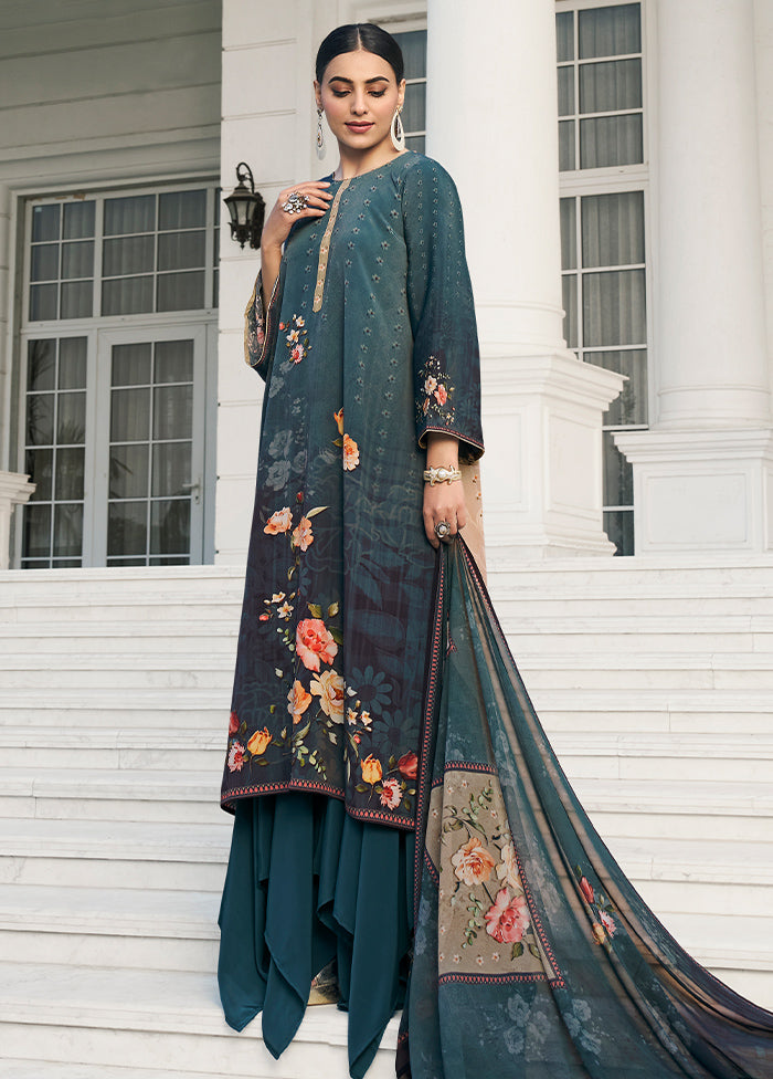 3 Pc Blue Unstitched Digital Print Silk Suit Set VDKSH02052086 - Indian Silk House Agencies