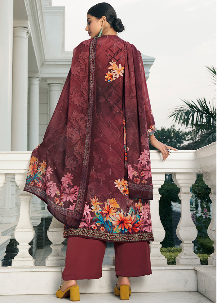 3 Pc Wine Unstitched Digital Print Silk Suit Set VDKSH02052087 - Indian Silk House Agencies