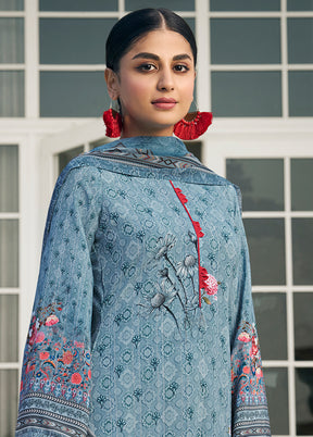 3 Pc Sky Blue Unstitched Digital Print Silk Suit Set VDKSH02052088 - Indian Silk House Agencies