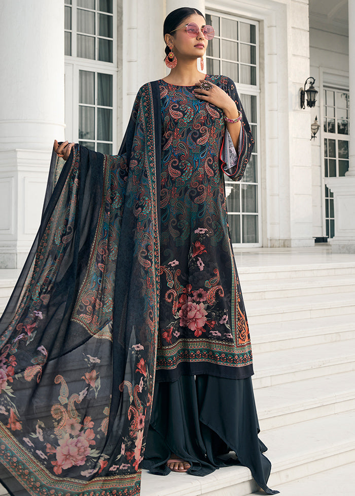 3 Pc Navy Blue Unstitched Digital Print Silk Suit Set VDKSH02052090 - Indian Silk House Agencies