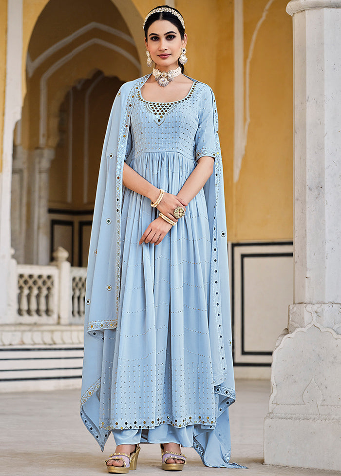 3 Pc Sky Blue Georgette Semi Stitched Suit Set VDKSH02052072 - Indian Silk House Agencies