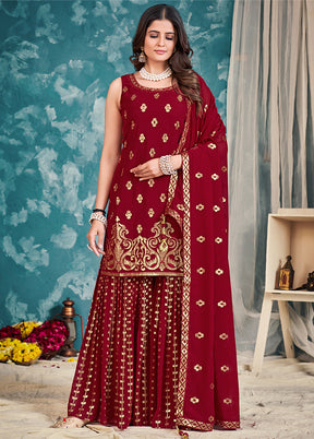3 Pc Red Readymade Embroidered Sharrara Set VDKSH02052061 - Indian Silk House Agencies