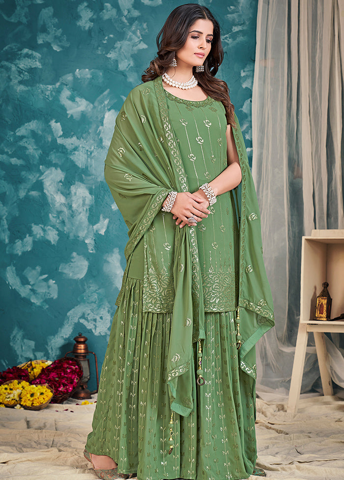 3 Pc Green Embroidered Sharrara Set VDKSH02052065 - Indian Silk House Agencies