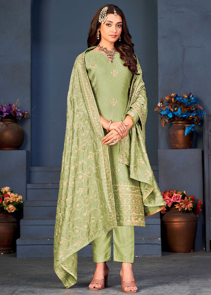 3 Pc Pista Green Semi Stitched Silk Suit Set VDKSH06052040 - Indian Silk House Agencies