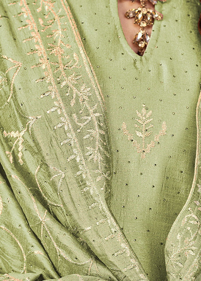 3 Pc Pista Green Semi Stitched Silk Suit Set VDKSH06052040 - Indian Silk House Agencies