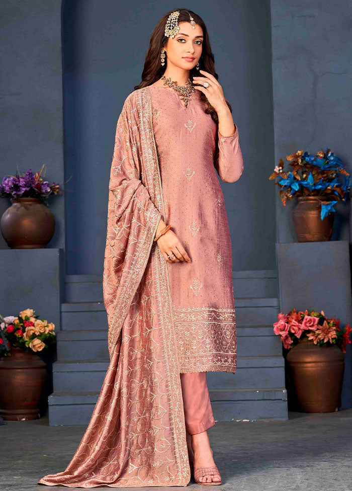 3 Pc Brown Semi Stitched Silk Jacquard Work Suit Set VDKSH06052042 - Indian Silk House Agencies