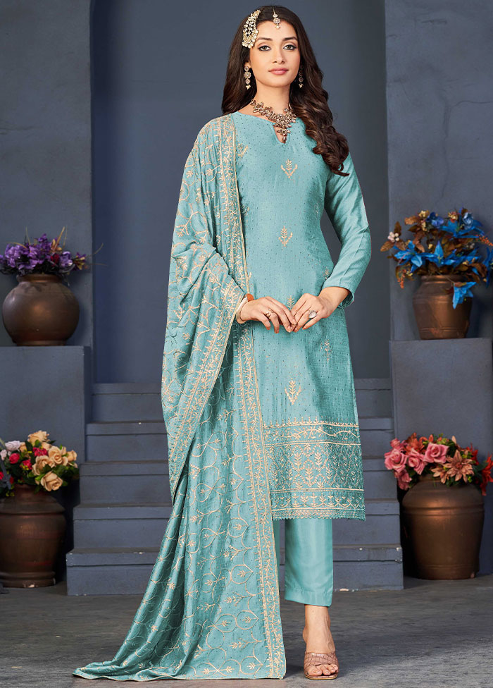 3 Pc Sky Blue Semi Stitched Silk Jacquard Work Suit Set VDKSH06052043 - Indian Silk House Agencies